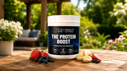 Protein Boost Premium powder with strawberries and bananas
