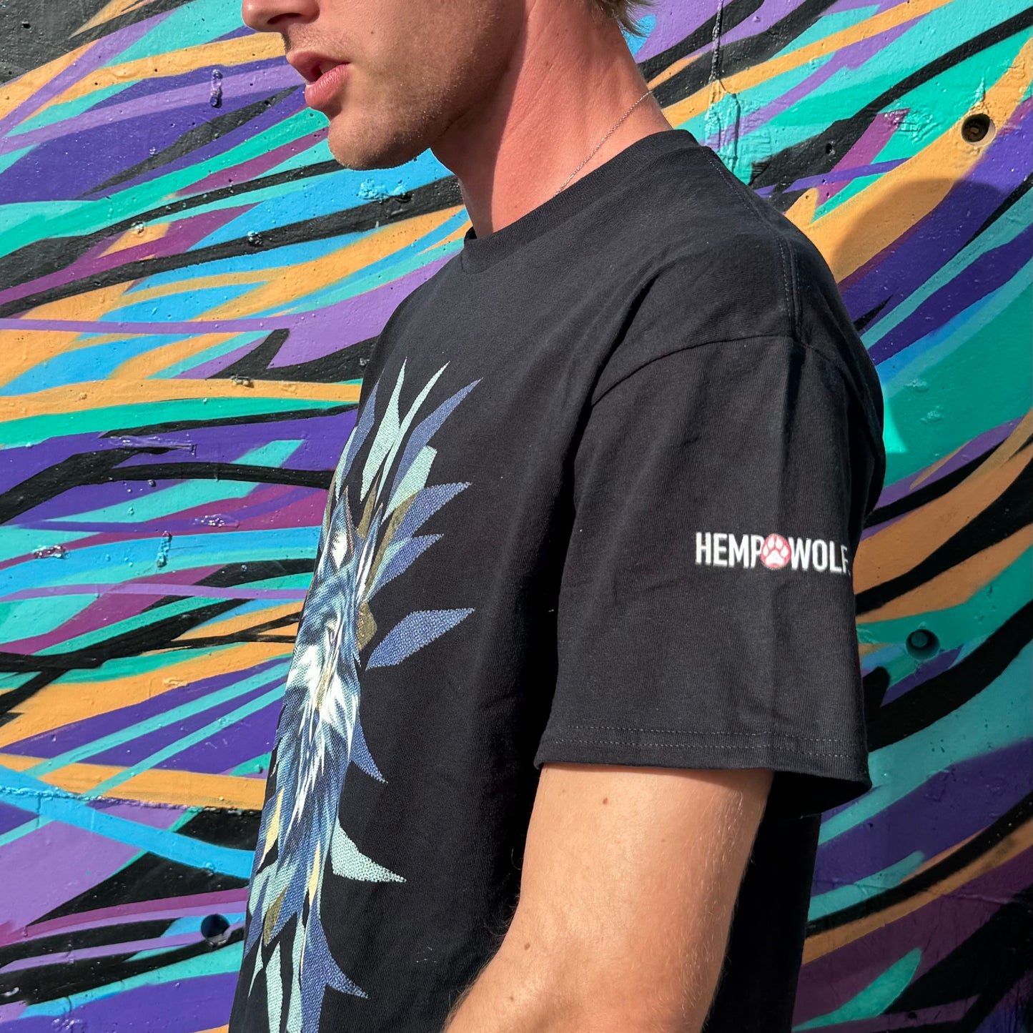Man wearing a Hemp Wolf T-shirt 