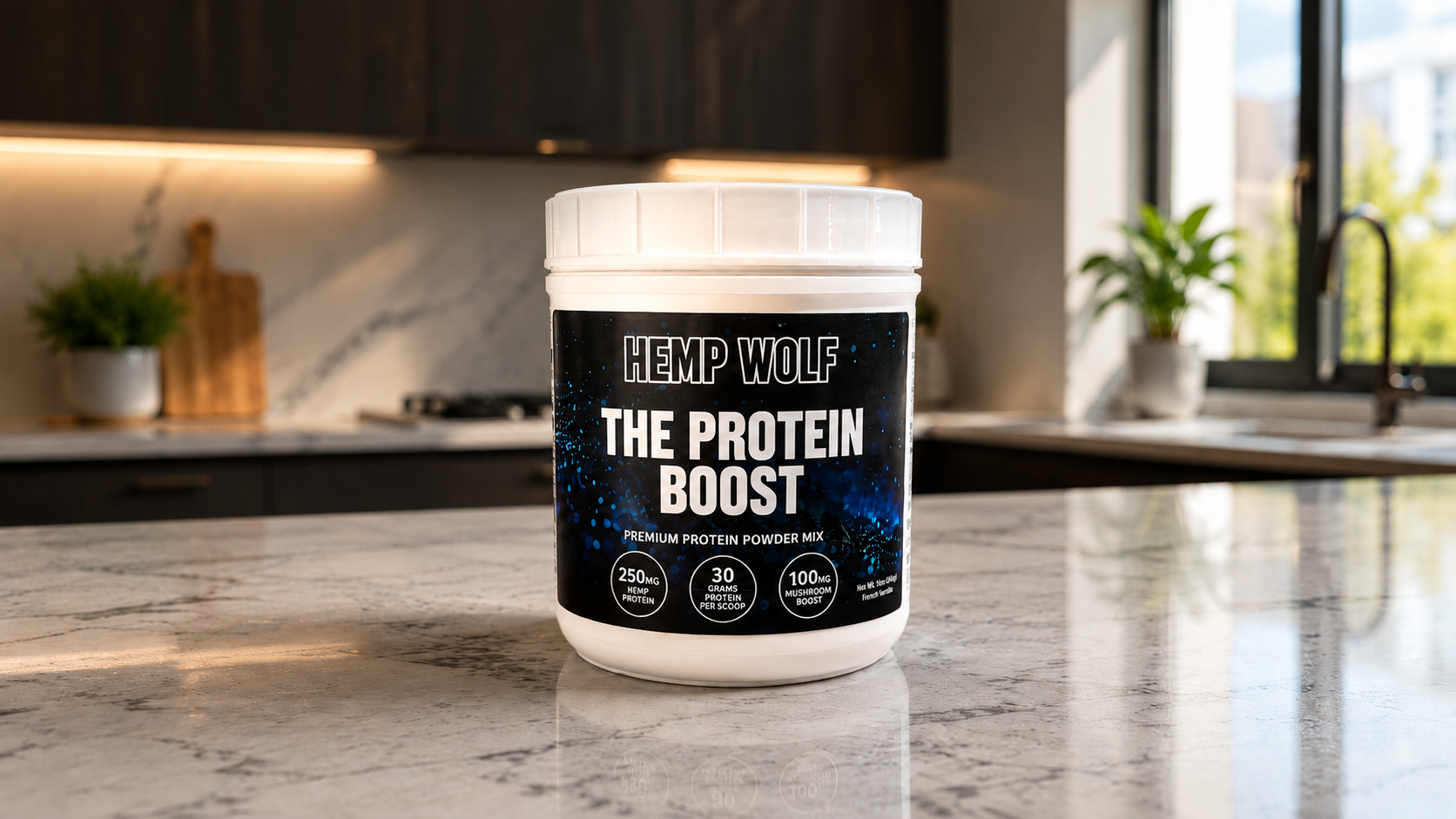 Protein Boost powder on a marble counter