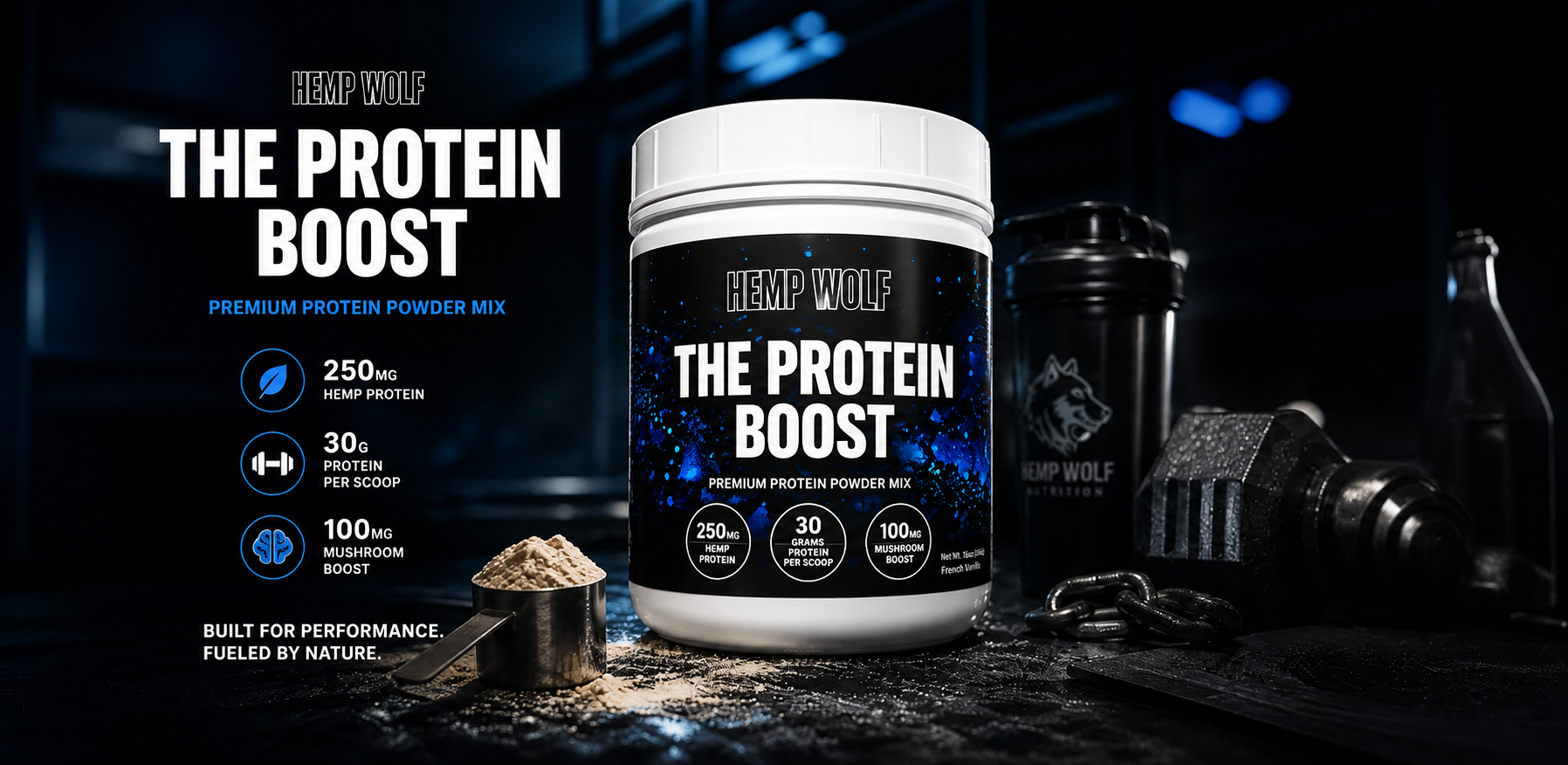 The Protein Boost tub beside a protein scoop on a dark gym room