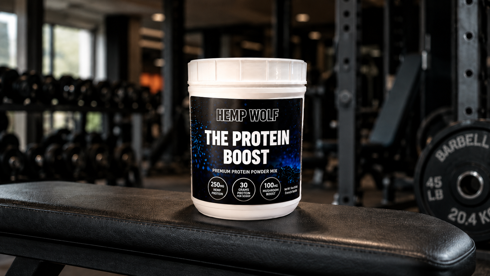 The Protein Boost on a black gym bench